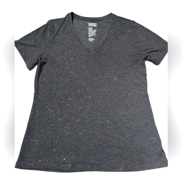 3️⃣for2️⃣5️⃣Dark grey vneck sparkly tshirt celebrate together her size medium - Picture 1 of 6